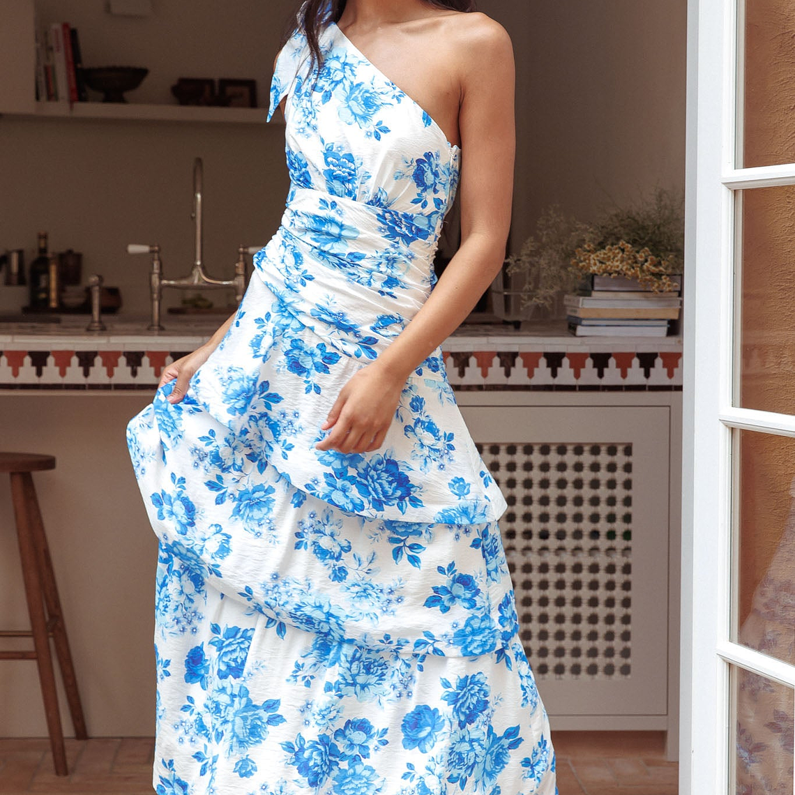 Kenny One Shoulder Tiered Maxi Dress Blue 5