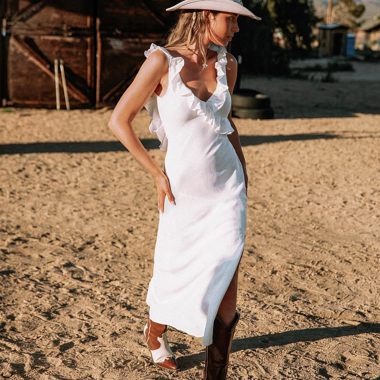 Alba Frill Trim Midi Dress White 2