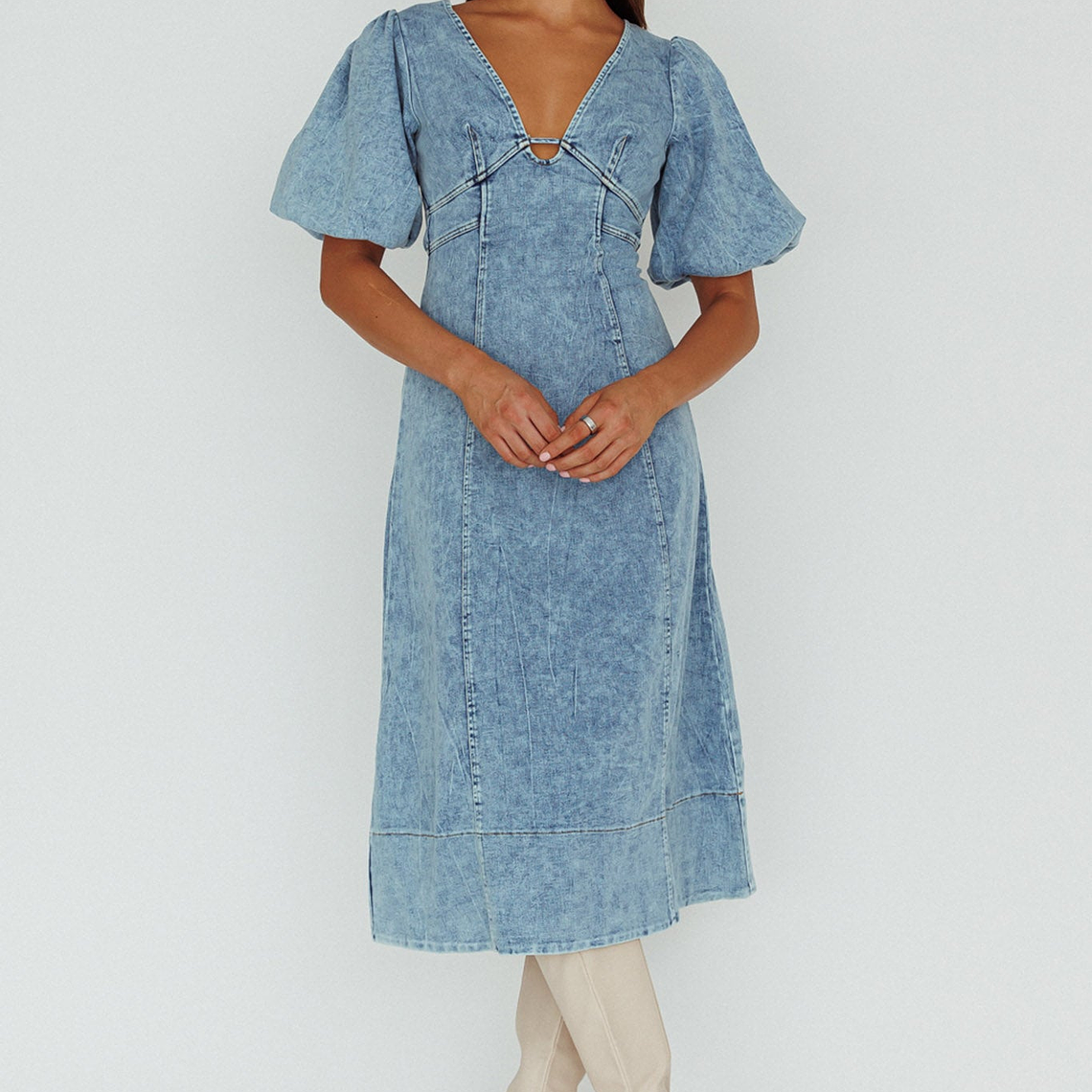 Elias Puff Sleeve Midi Dress Denim 1