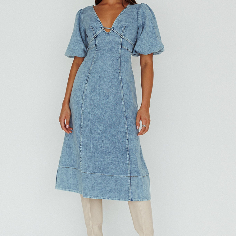 Elias Puff Sleeve Midi Dress Denim 3