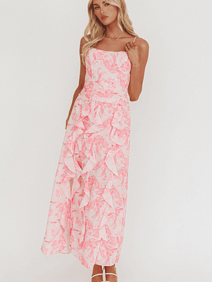 Serif Ruffle Trim Split Maxi Dress Pink