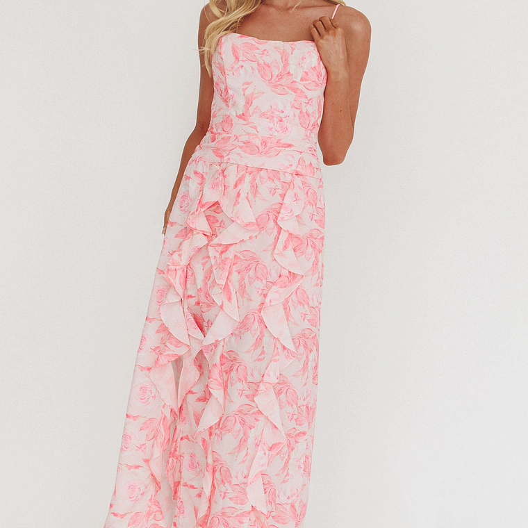 Serif Ruffle Trim Split Maxi Dress Pink 1