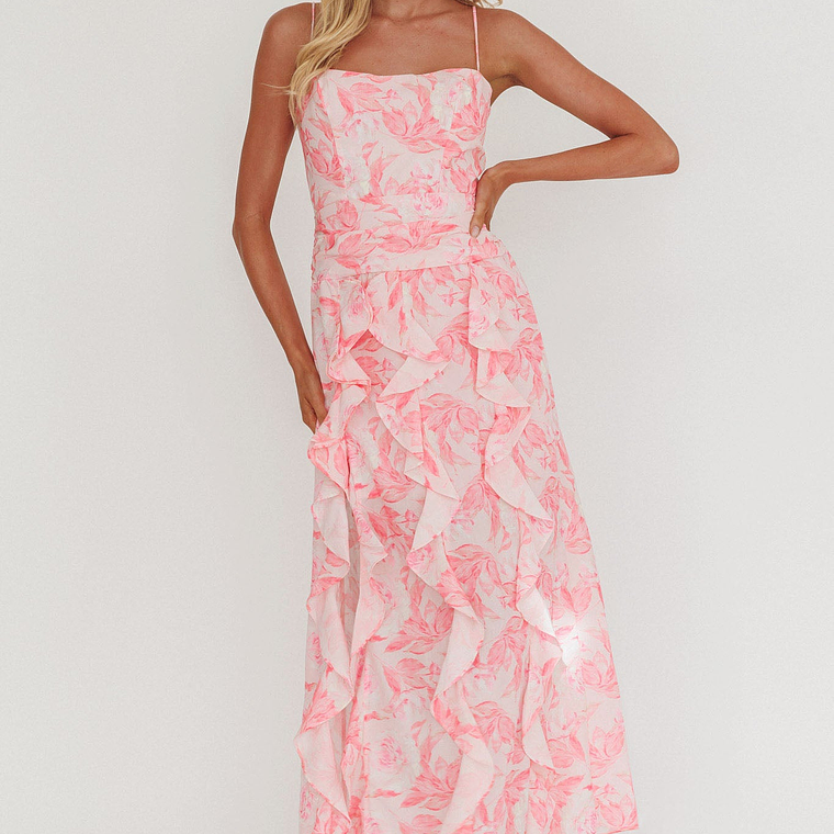Serif Ruffle Trim Split Maxi Dress Pink 2