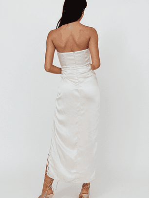 Winter Moon Strapless Lace Trim Midi Dress Champagne