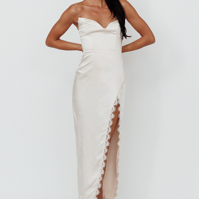 Winter Moon Strapless Lace Trim Midi Dress Champagne 3