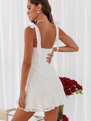 Emine Bow Shoulder Lace Mini Dress White