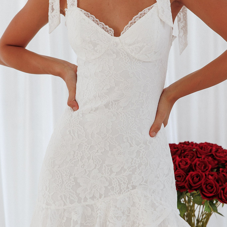 Emine Bow Shoulder Lace Mini Dress White 4