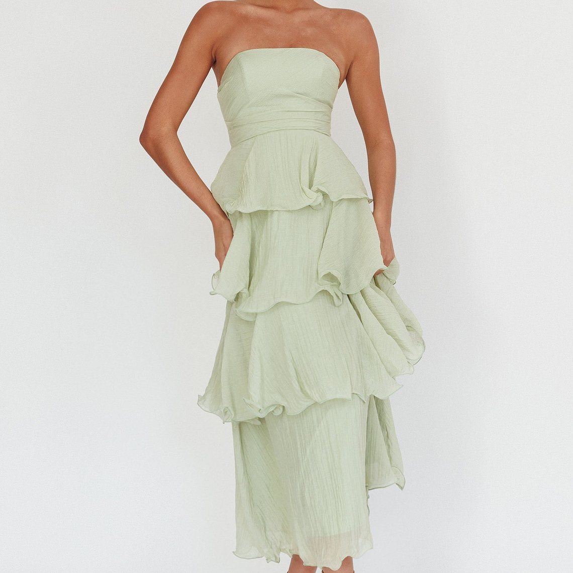Giavana Strapless Layered Midi Dress Sage 1