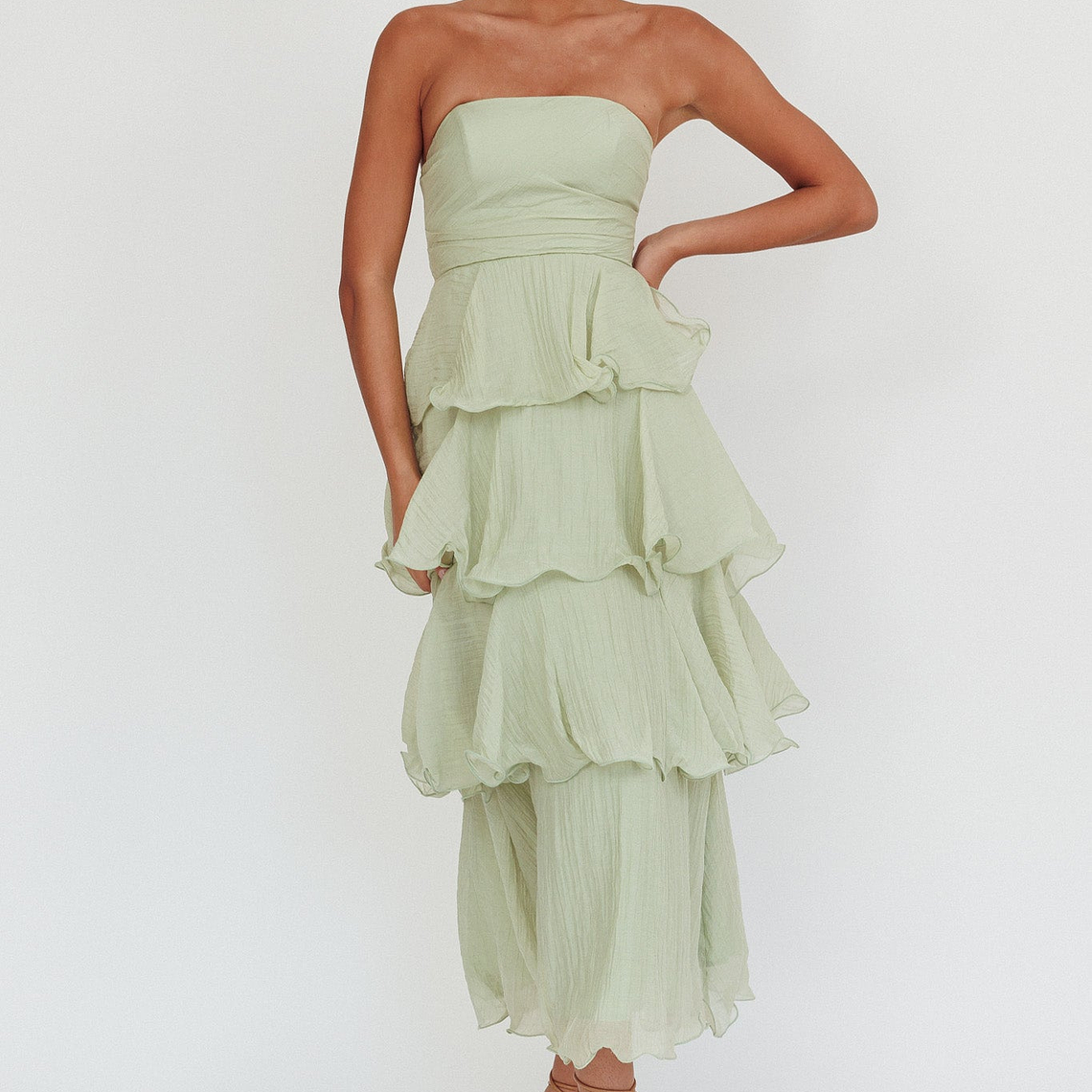 Giavana Strapless Layered Midi Dress Sage 5