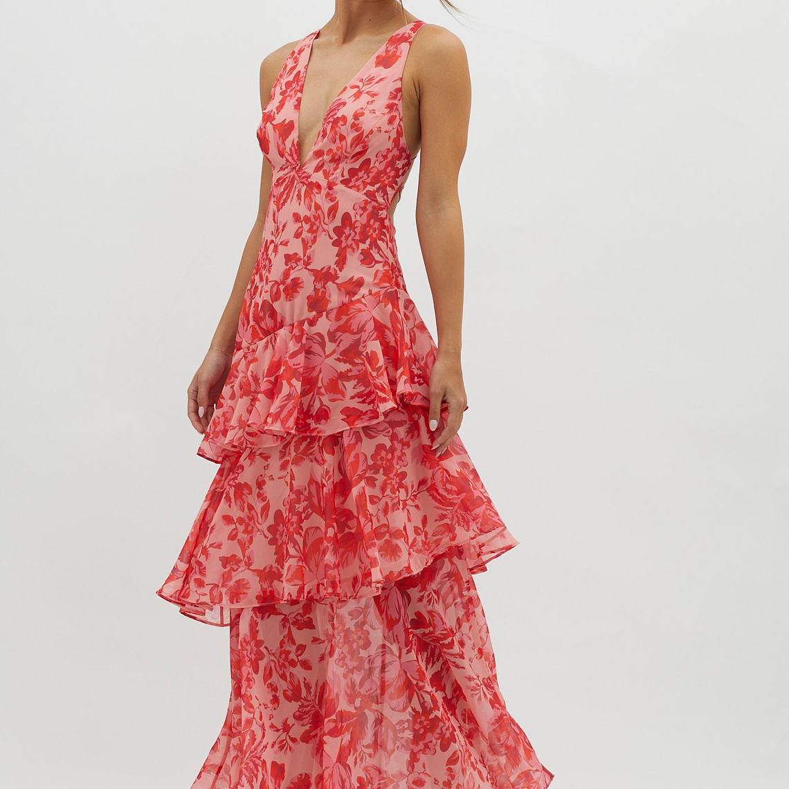 Veda Strappy Back Ruffle Midi Dress Floral Red 1