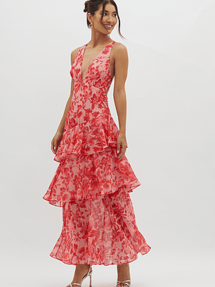 Veda Strappy Back Ruffle Midi Dress Floral Red