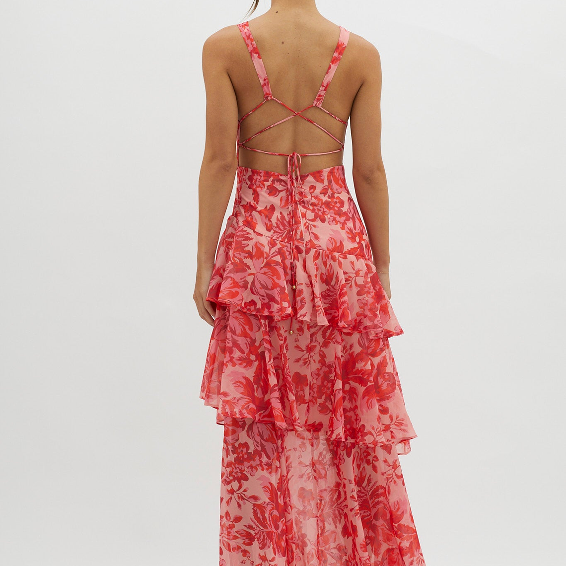 Veda Strappy Back Ruffle Midi Dress Floral Red 2