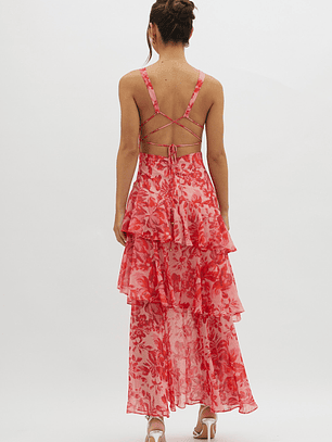 Veda Strappy Back Ruffle Midi Dress Floral Red