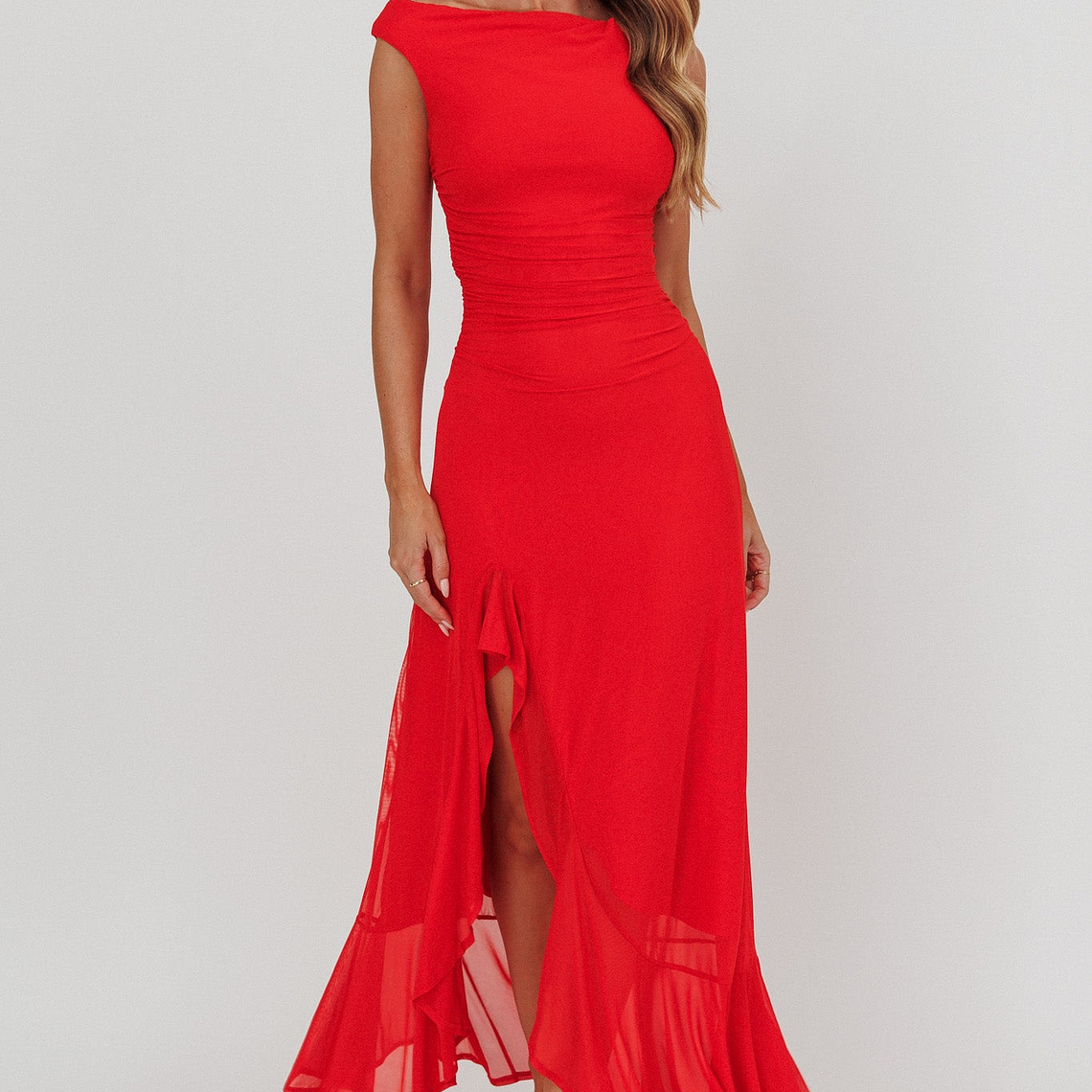 Moonlit Magic Asymmetric Neckline Maxi Dress Red 1