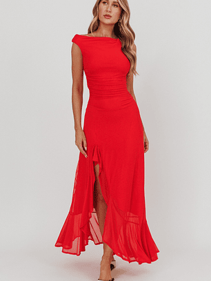 Moonlit Magic Asymmetric Neckline Maxi Dress Red
