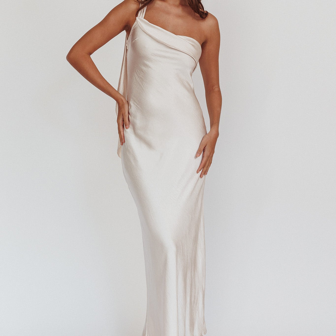 Carmel One-Shoulder Sash Maxi Dress Champagne 1