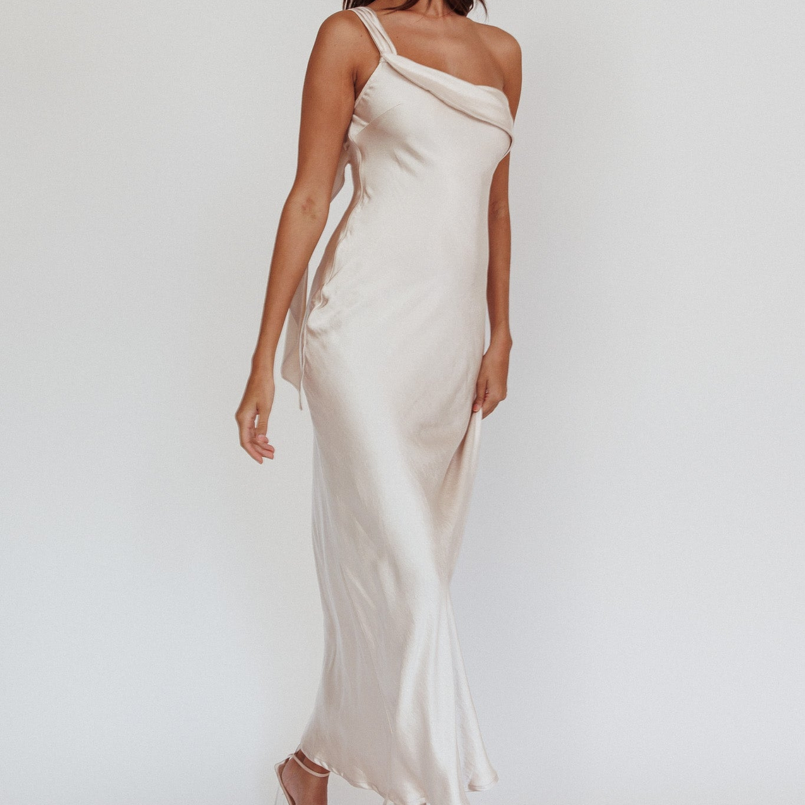 Carmel One-Shoulder Sash Maxi Dress Champagne 2