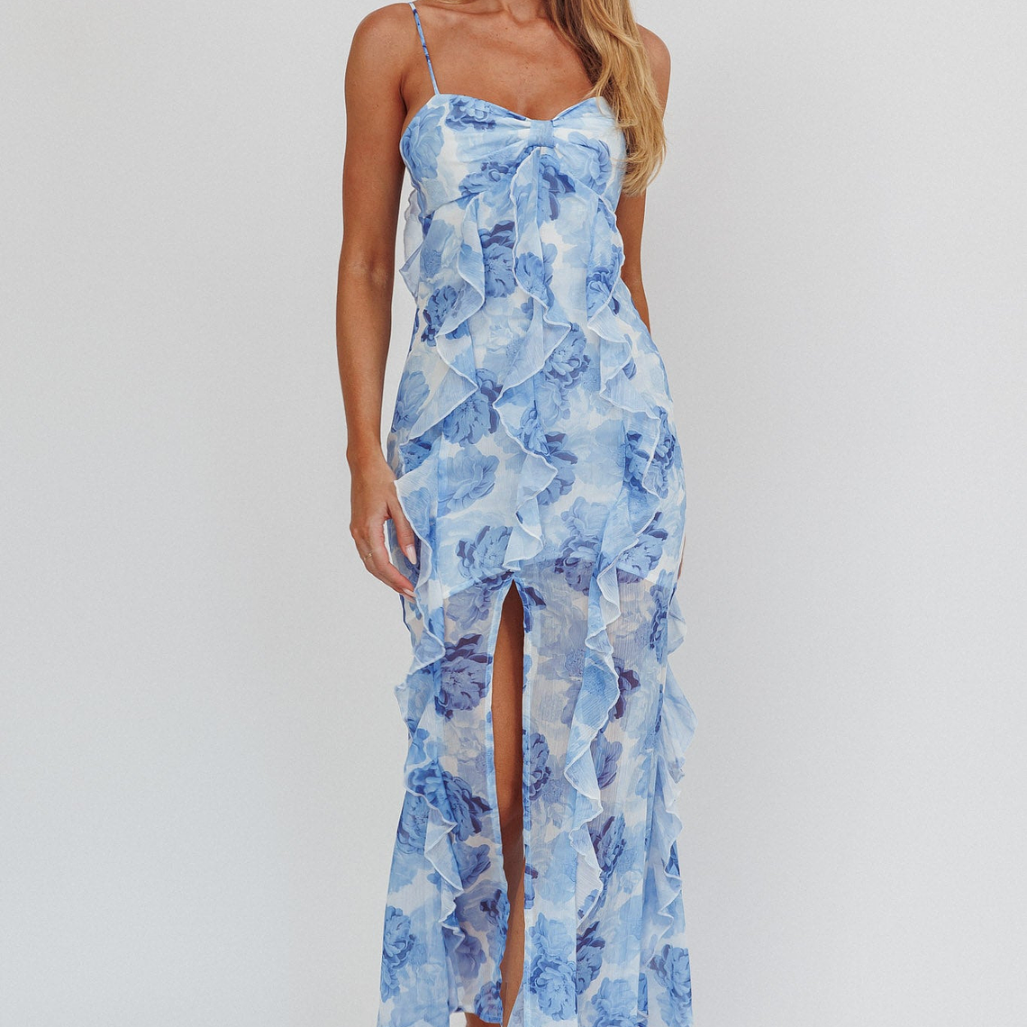 Frannie Vertical Ruffle Maxi Dress Floral Blue 6
