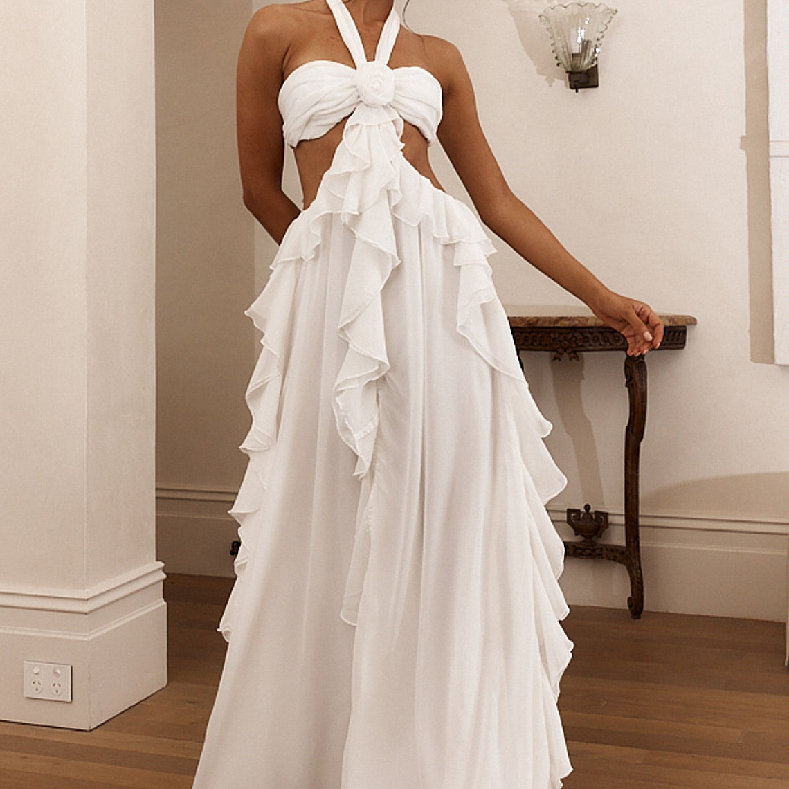 Santiago Cut-Out Ruffle Maxi Dress White 1