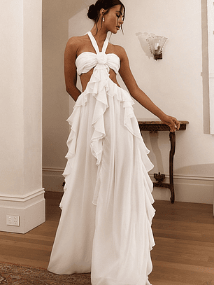 Santiago Cut-Out Ruffle Maxi Dress White