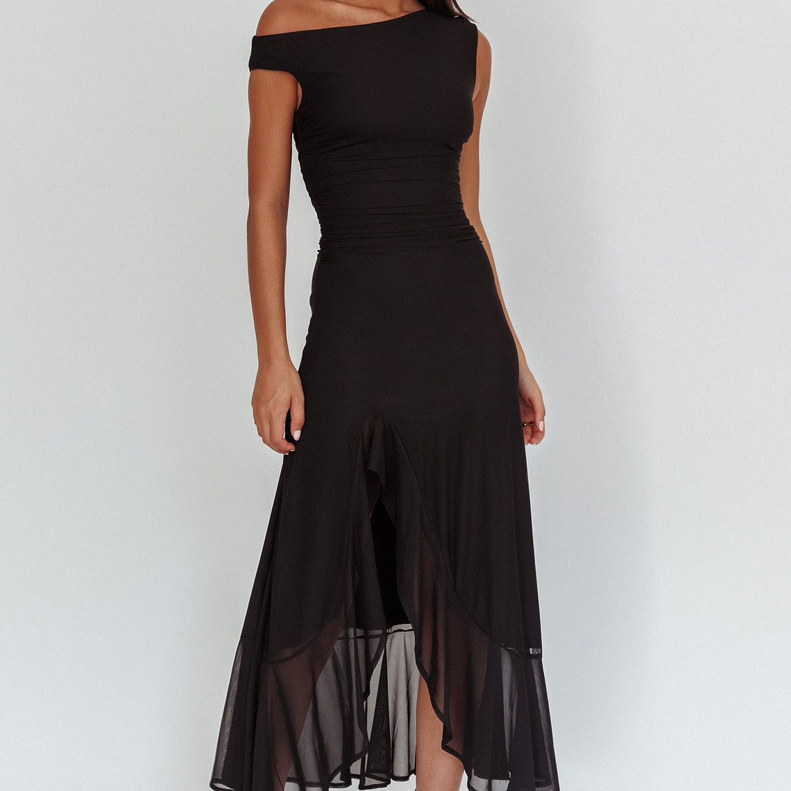 Moonlit Magic Asymmetric Neckline Maxi Dress Black 1