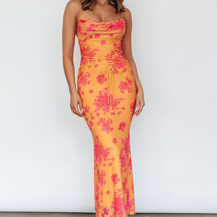Teava Laced Waist Maxi Dress Floral Orange 1