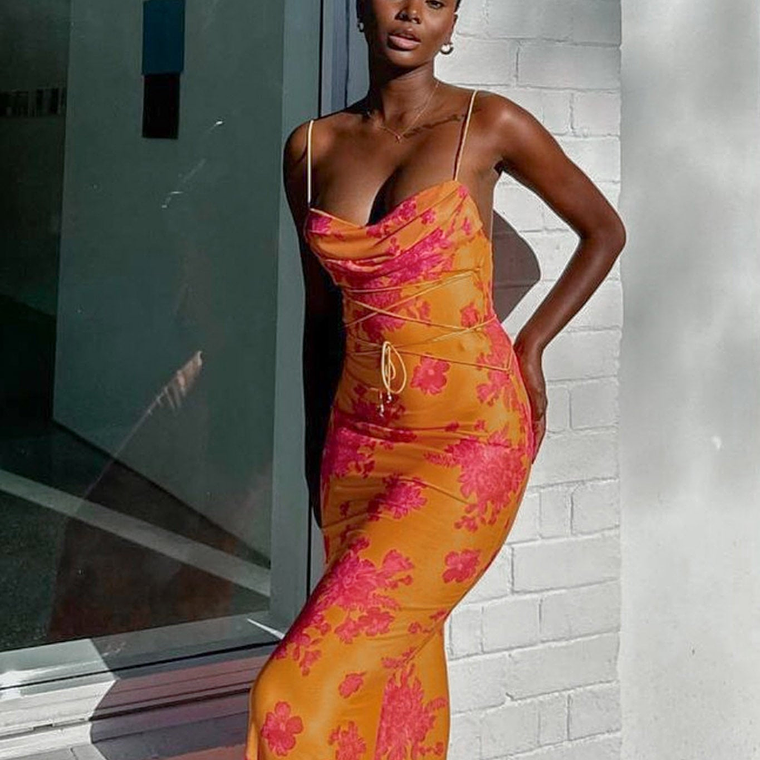 Teava Laced Waist Maxi Dress Floral Orange 2