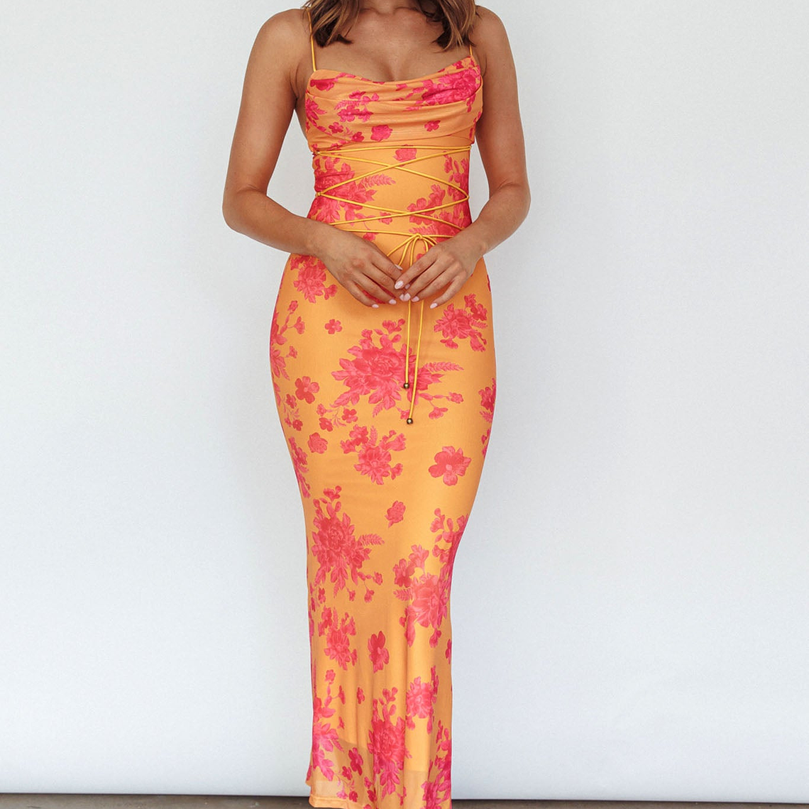 Teava Laced Waist Maxi Dress Floral Orange 4