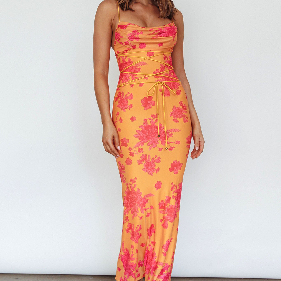 Teava Laced Waist Maxi Dress Floral Orange 6
