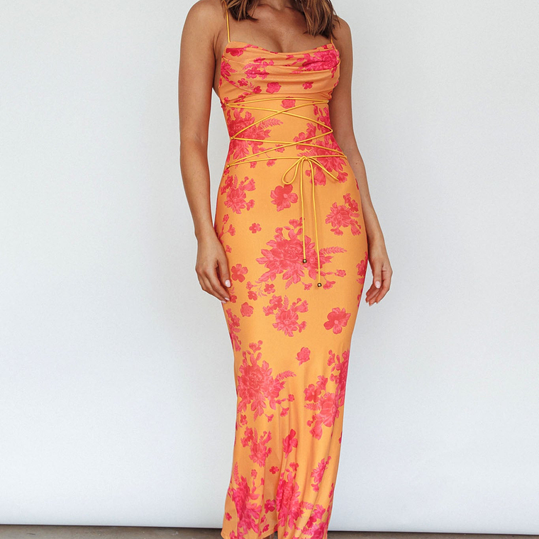 Teava Laced Waist Maxi Dress Floral Orange 6
