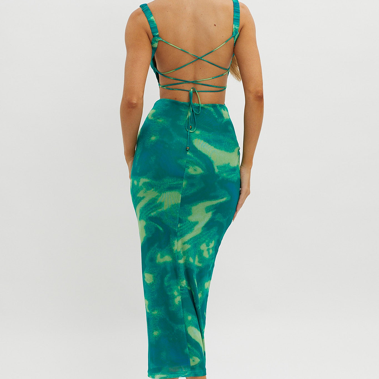 Dream Crush Lace-Up Back Side Split Maxi Dress Swirl Green 2
