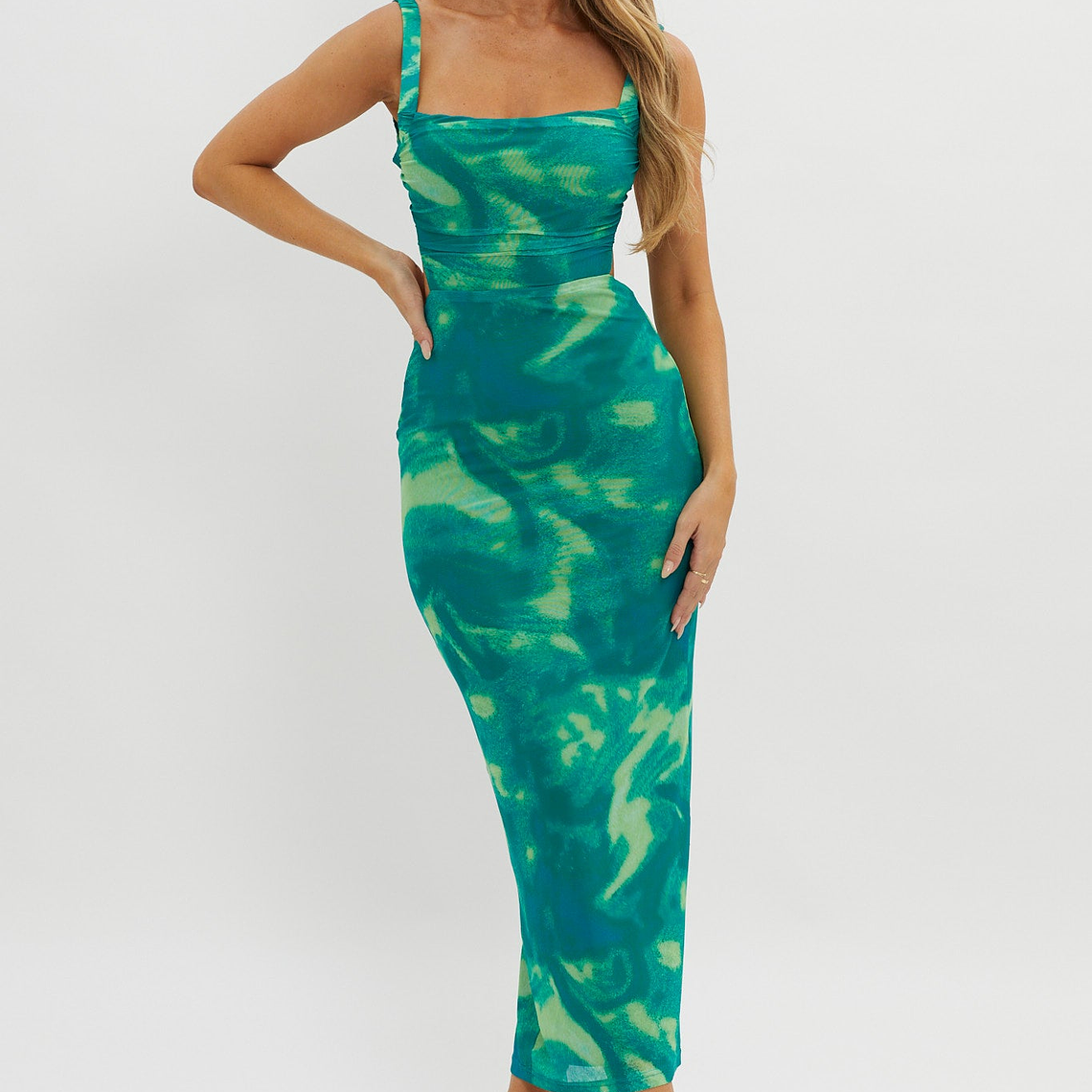 Dream Crush Lace-Up Back Side Split Maxi Dress Swirl Green 4