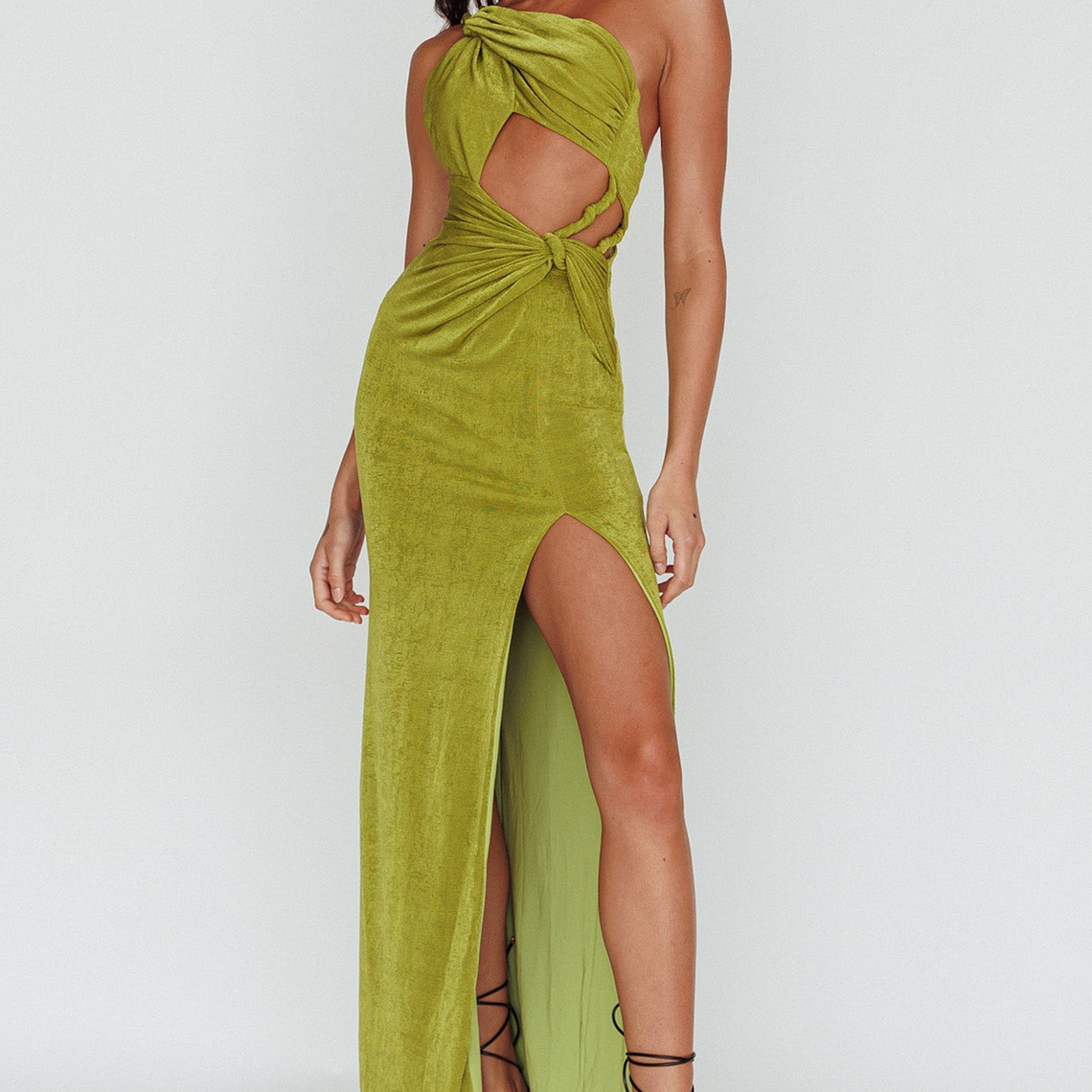 Kiah Twist Accent Thigh Split Midi Dress Moss 1