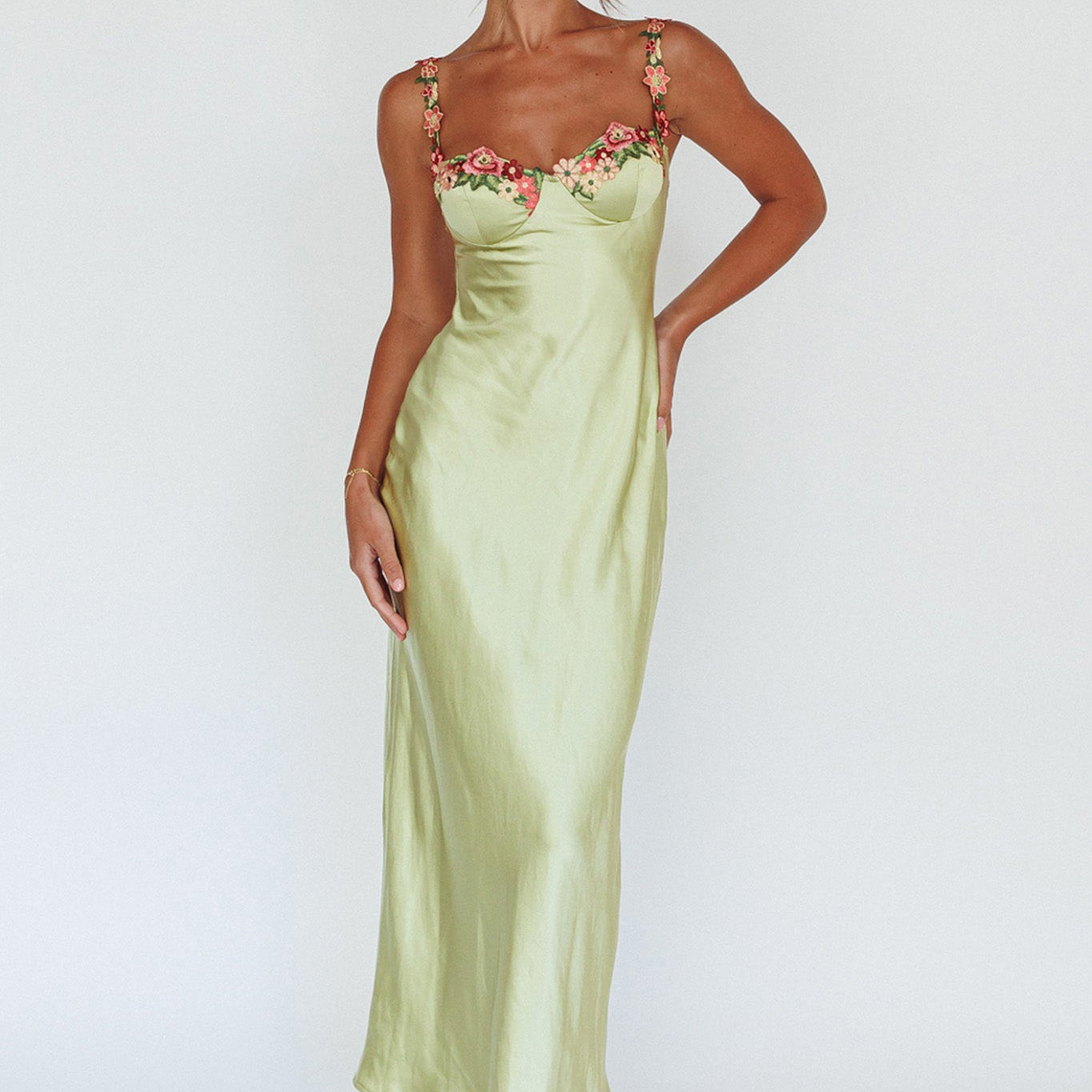 Rose Garden Floral Applique Midi Dress Lime 1