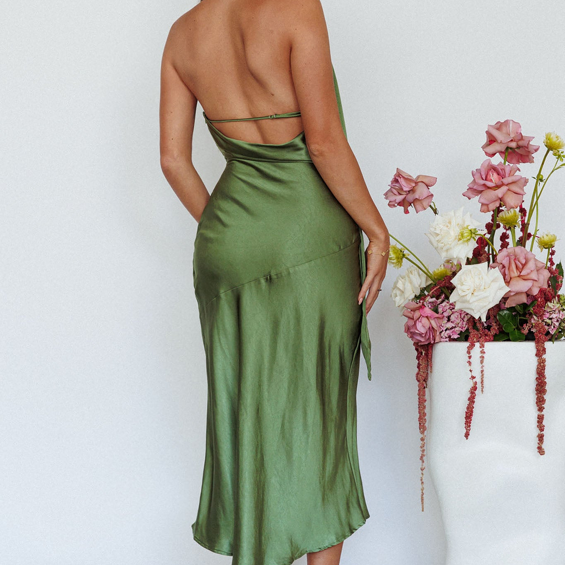 Italian Summer Tie Neck Midi Dress Olive 2