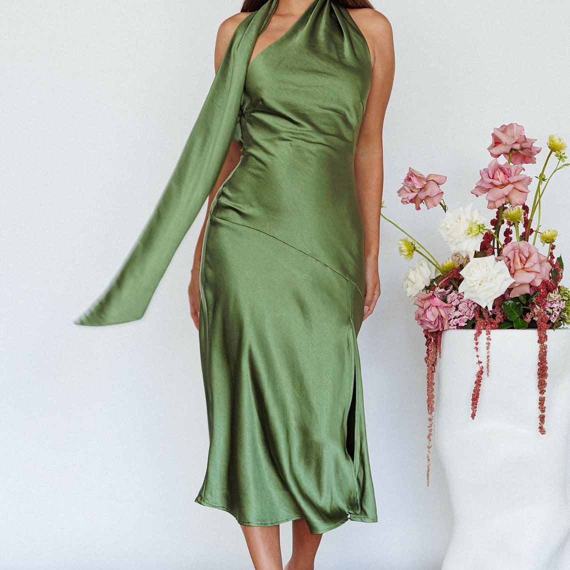 Italian Summer Tie Neck Midi Dress Olive 3