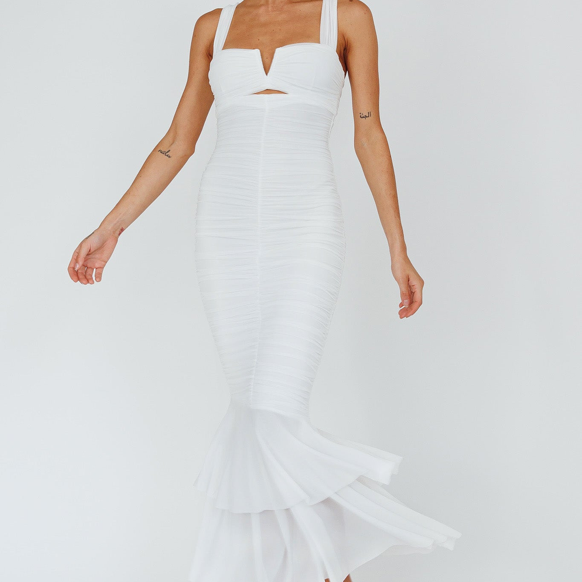 Nadia Ruched Fishtail Maxi Dress White 1