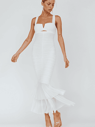 Nadia Ruched Fishtail Maxi Dress White