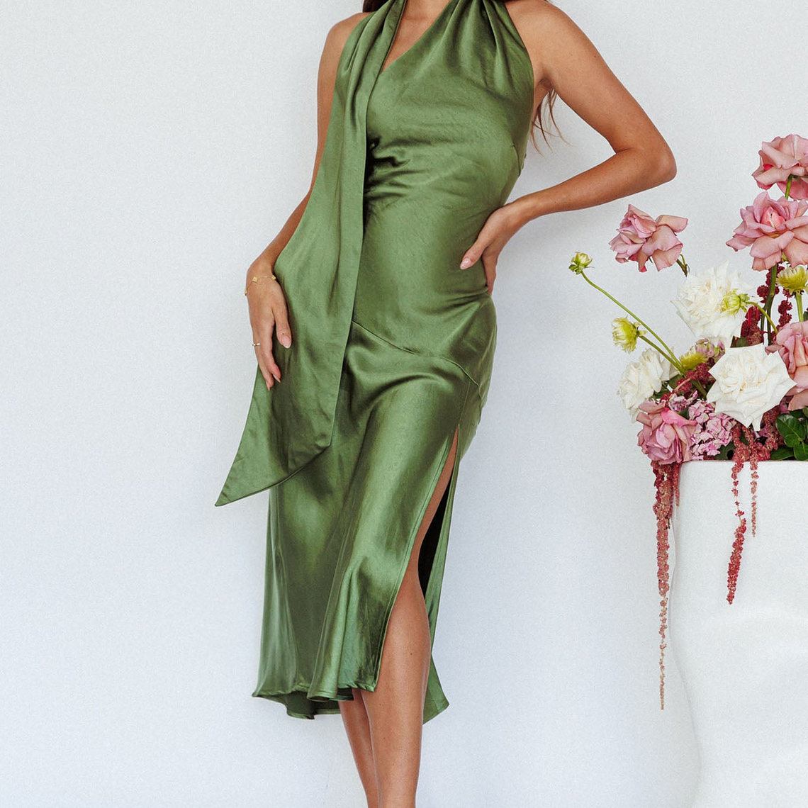 Italian Summer Tie Neck Midi Dress Olive 5