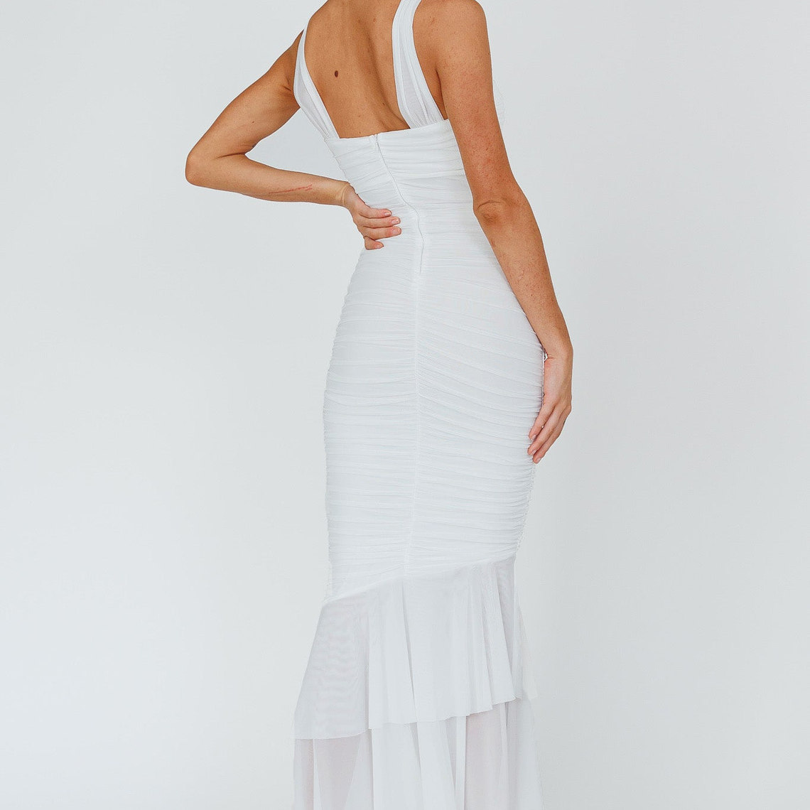 Nadia Ruched Fishtail Maxi Dress White 2