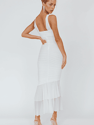 Nadia Ruched Fishtail Maxi Dress White
