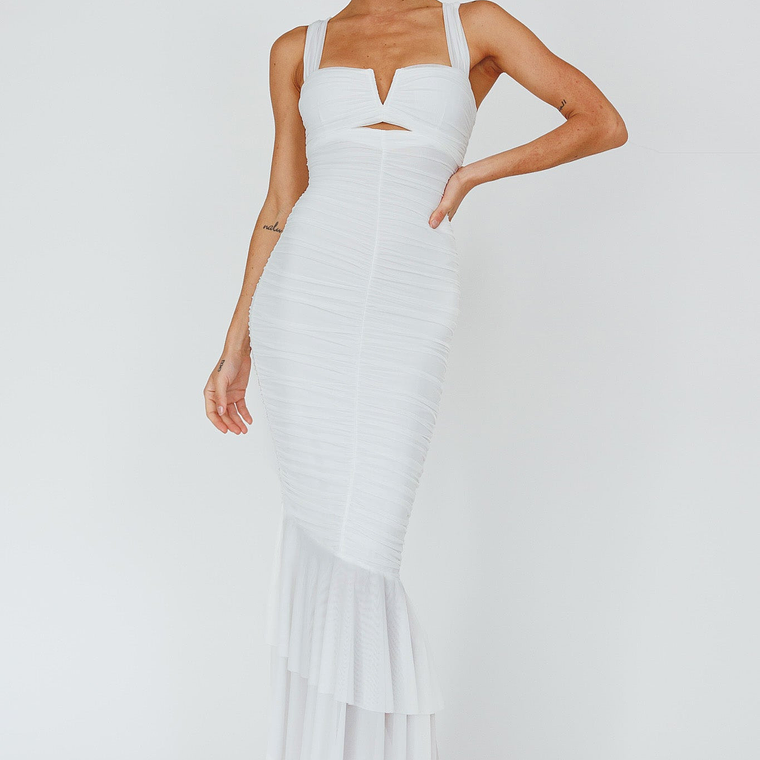 Nadia Ruched Fishtail Maxi Dress White 3