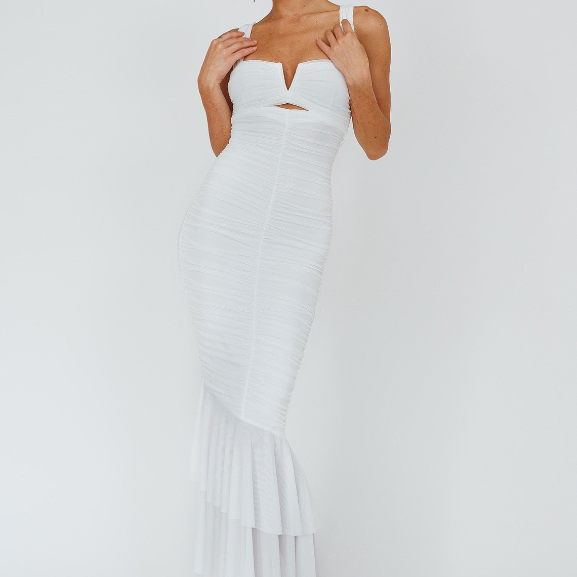 Nadia Ruched Fishtail Maxi Dress White 5