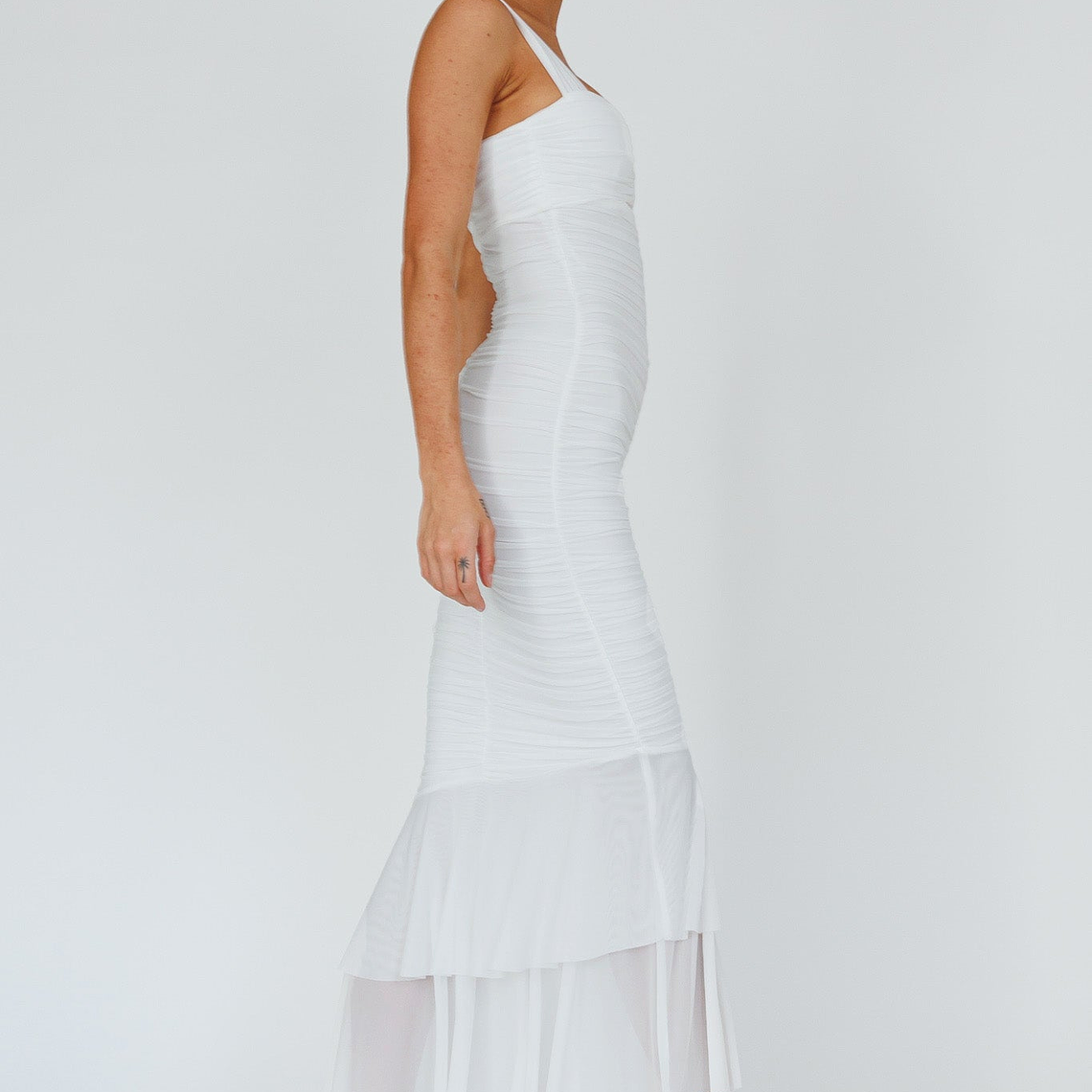 Nadia Ruched Fishtail Maxi Dress White 6