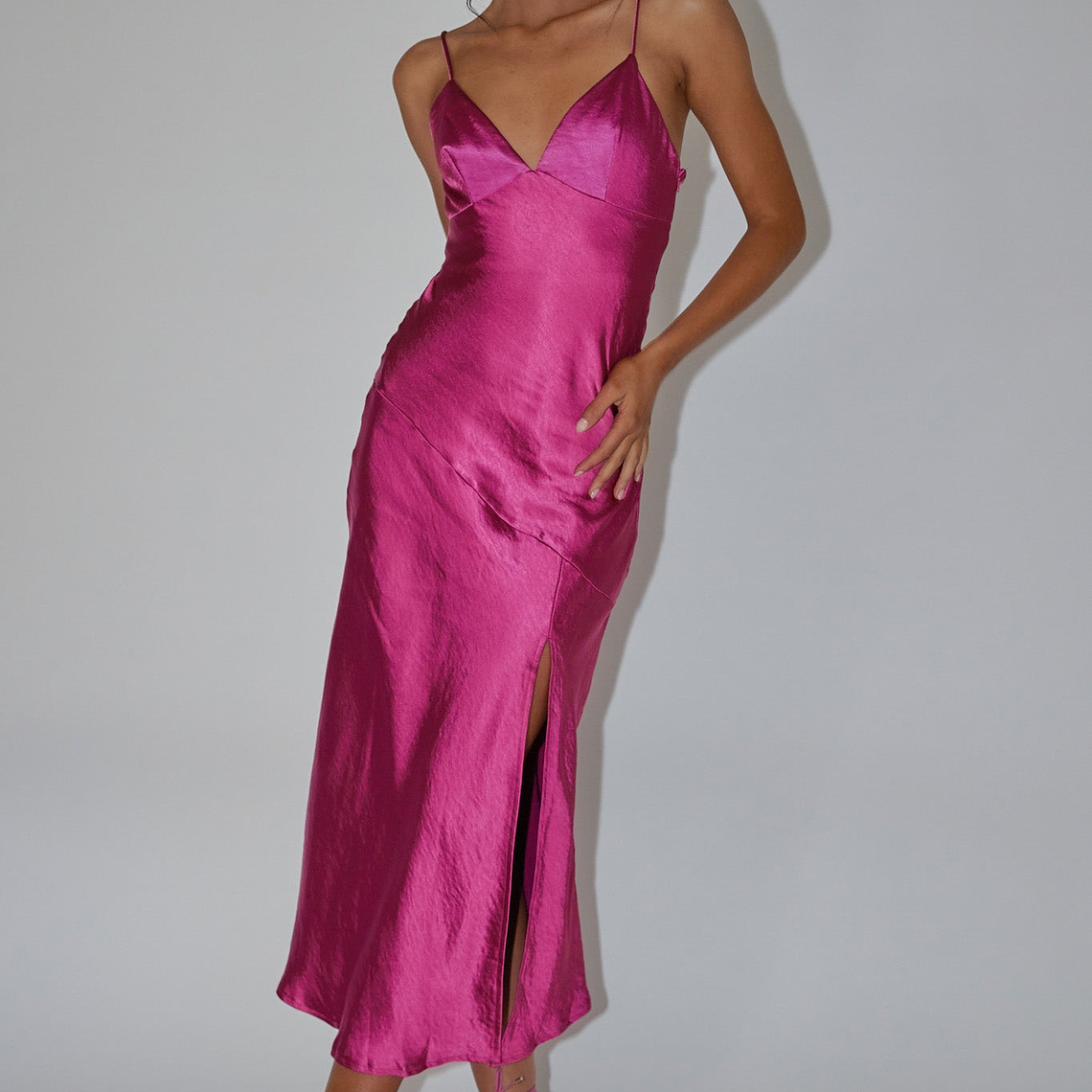 Downtown Cami Strap Front Split Midi Dress Fuchsia 5
