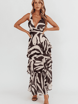 Veda Strappy Back Ruffle Maxi Dress Print Black