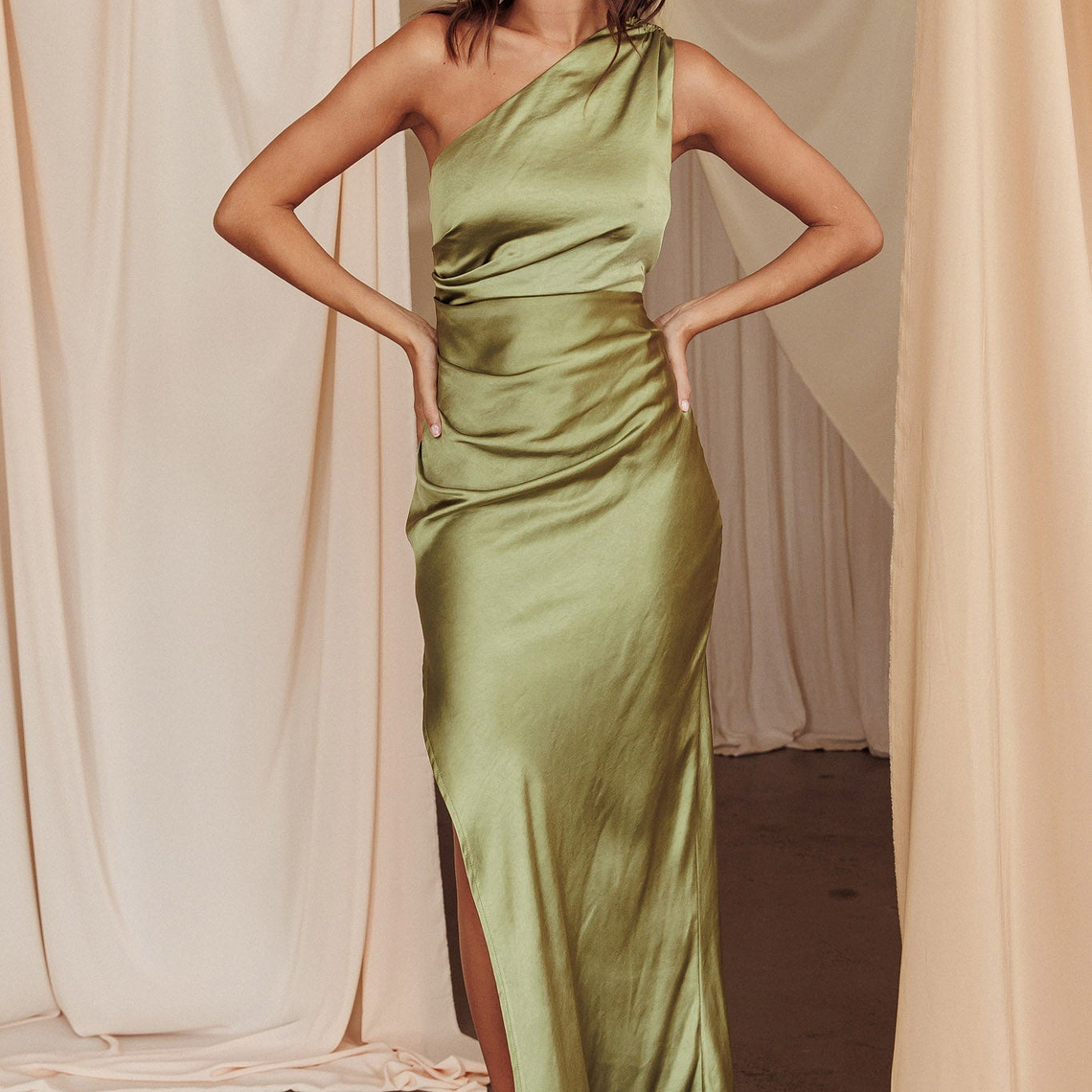 Kamillia One-Shoulder Split Maxi Dress Olive 3