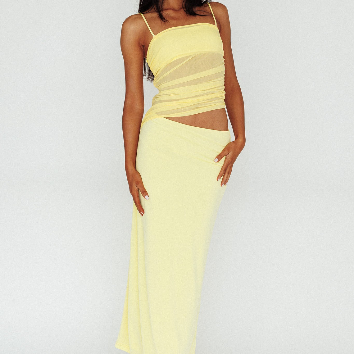 Lorely Ruched Bodice Midi Dress Yellow 1