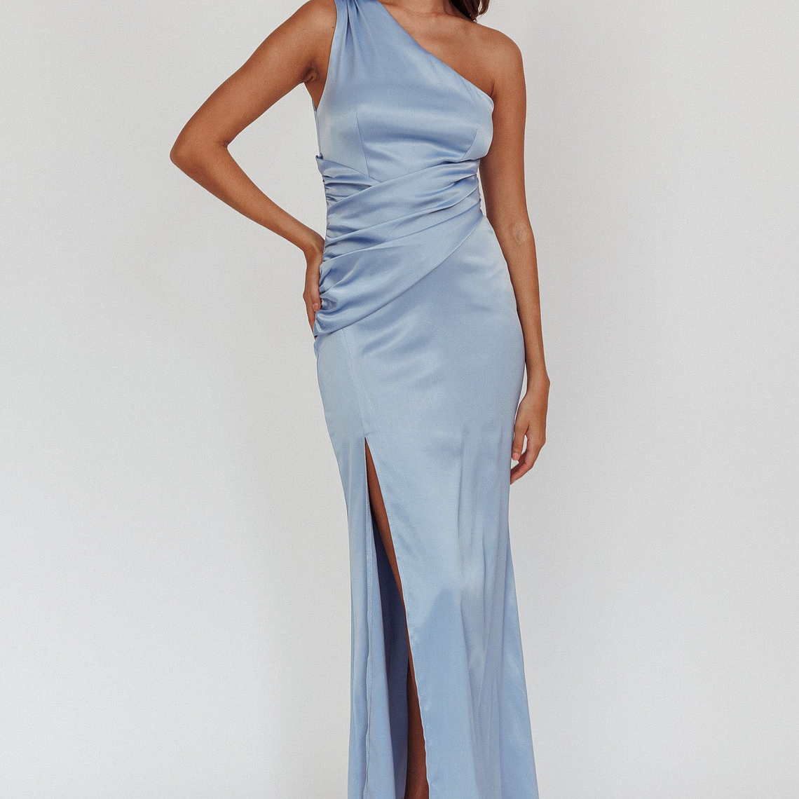 Taniesha One-Shoulder Gathered Maxi Dress Steel Blue 1