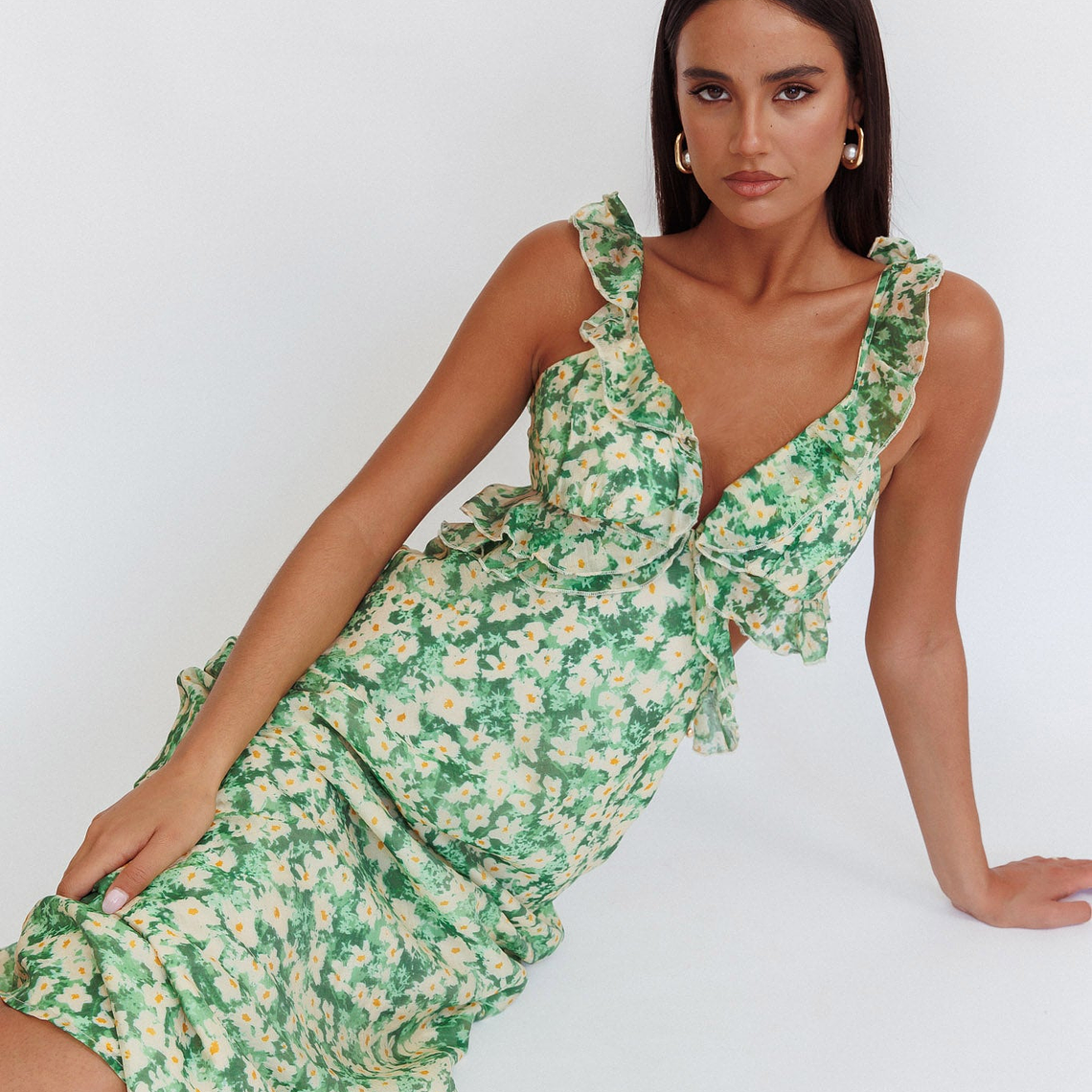 Second Chances Ruffle Trim Maxi Dress Flowers Green 1